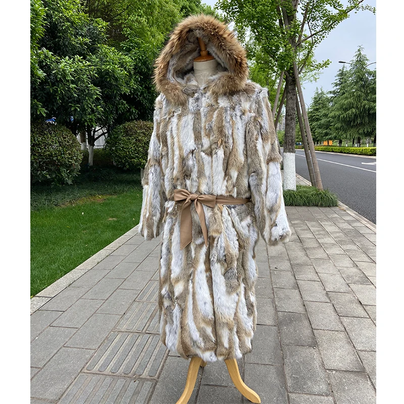 women winter warm fashion longest fur coat real rabbit fur coat with huge hood and raccoon fur collar