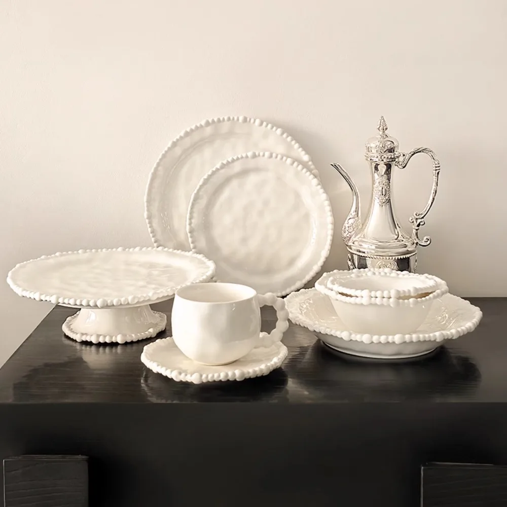Livetai French Pearl-Edge Ceramic Tableware Set, Versatile Bowl & Plate for Home Dining, Stylish Steak Dinner Plates