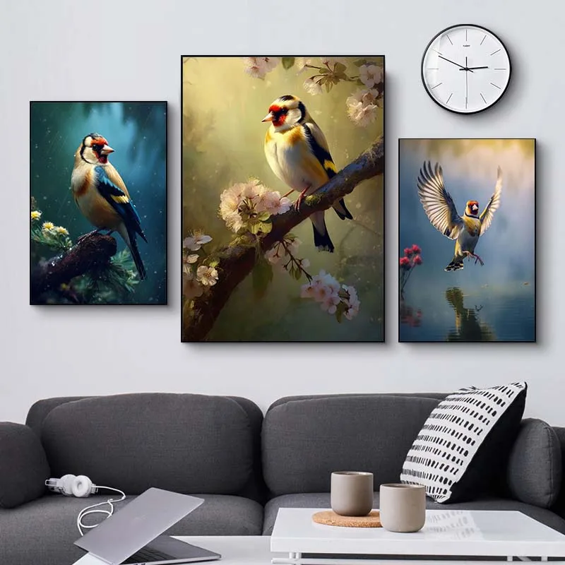 Goldfinch Bird Couple with Flower Posters Prints Beautiful Animal Canvas Painting Wall Art Picture for Living Room Home Decor