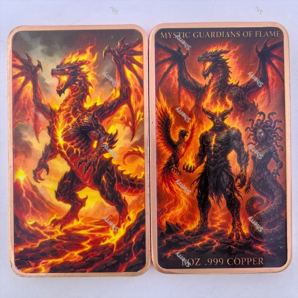 1oz .999 Copper Bar Fire Mythical Creature Metal Bar Dragon Phoenix Medusa Demon Lava Pattern Commemorative Collection Gift