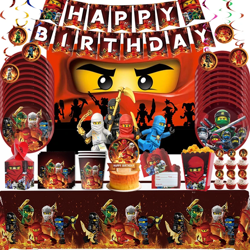 Ninjago Geburtstagsparty-Dekoration Einweg-Tischgeschirr Becher-Teller-Set Jungen-Geschenke Süßigkeitenbox Geschenktüte Hintergrund Babyparty-Zubehör