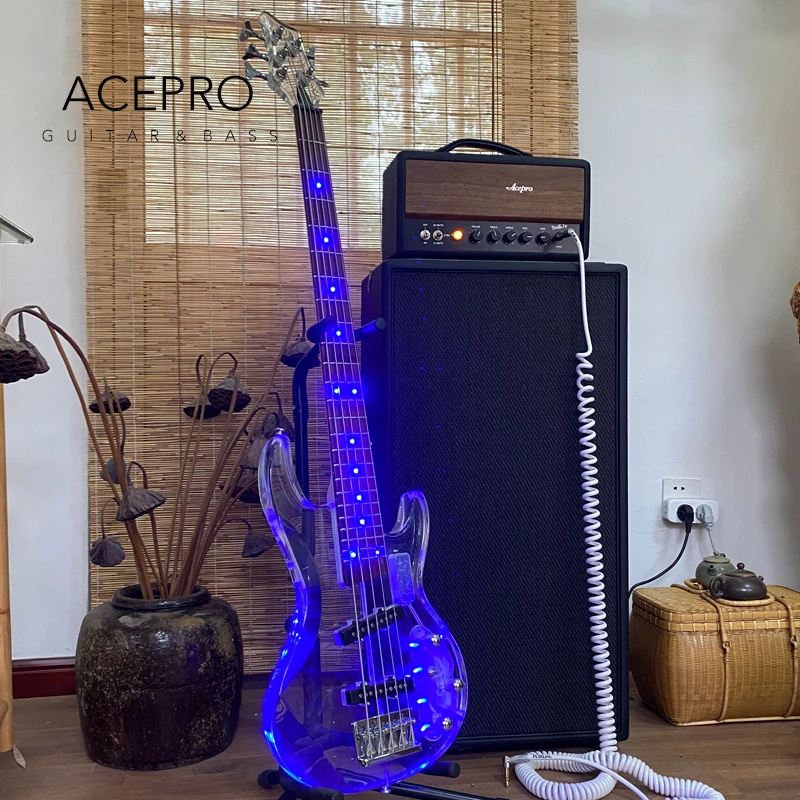 5 String Blue LED Lights Electric Bass Guitar, Clear Acrylic Crystal Body & Headstock LED Color Customizable Maple Neck