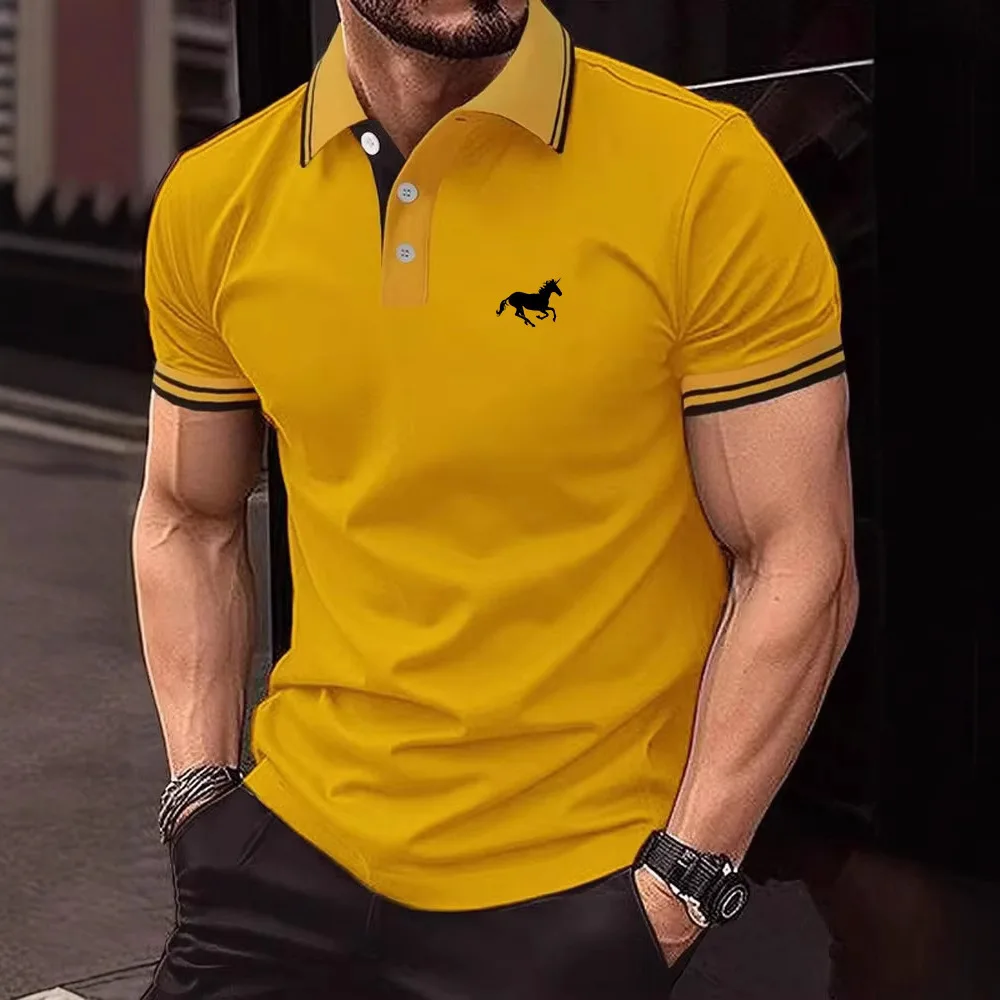 

Men's Casual Short Sleeve Polo Shirt With 3D Horse Print Striped Color Block Design Sporty Style Collared Golf Shirt For Summer