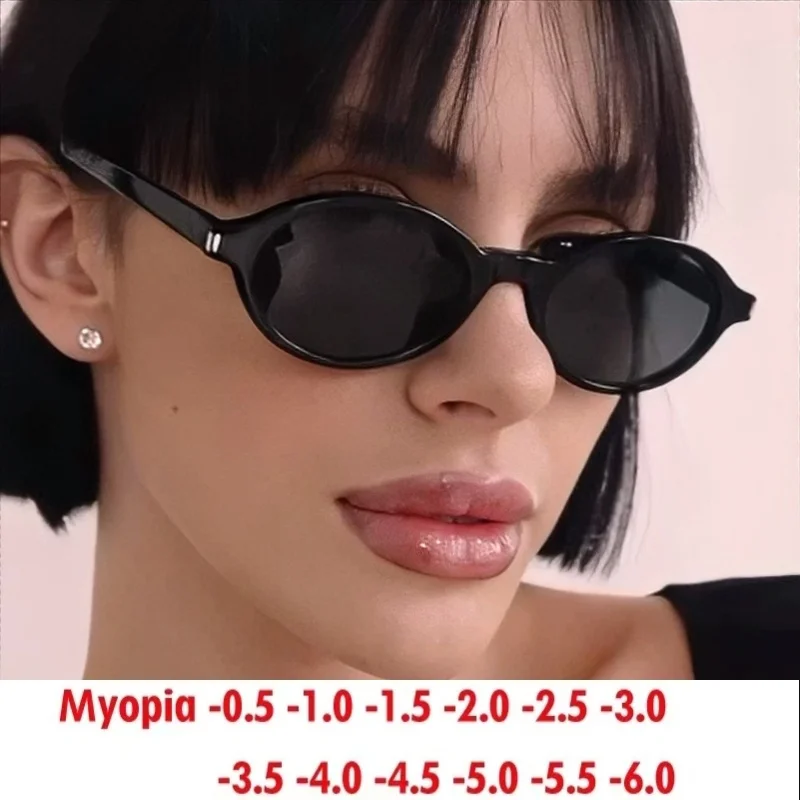 Ovale Retro-Sonnenbrille mit einfacher Fassung, Myopie-Sonnenbrille, kann mit Sehstärken von 0 bis -6,0 angepasst werden.