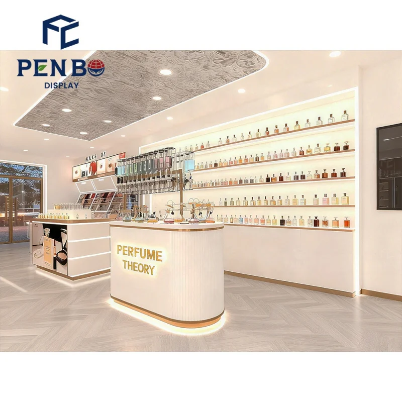 Custom.Luxuriöse weiße Duft-Parfüm-Shop-Vitrine mit Akzenten, hochwertige arabische Parfüm-Kiosk-Vitrine, Mall
