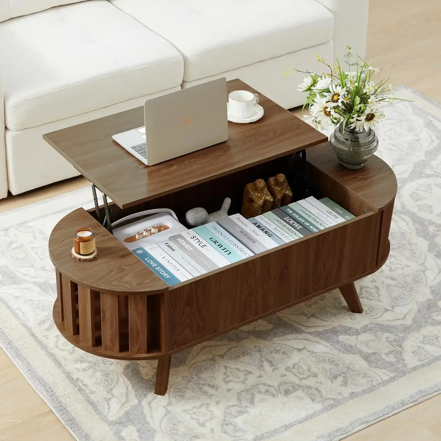 

47.3" Lift Top Coffee Table with Hidden Storage, Small End Table with Curved Edge Design, Oval Center Table with Lift Tabletop