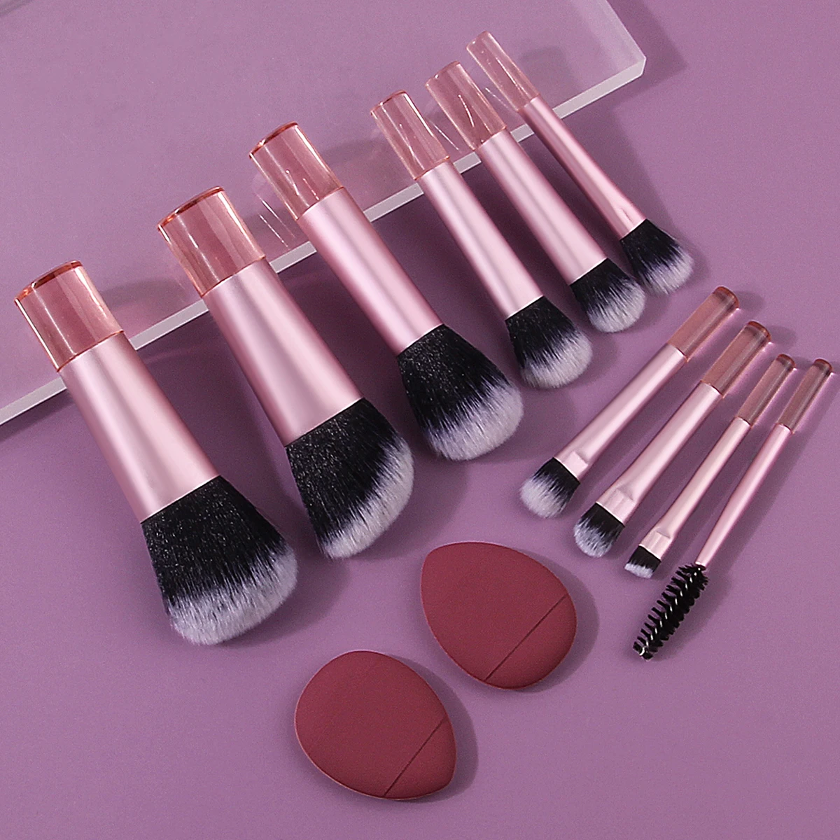 Juego de mini brochas de maquillaje multifuncionales portátiles, 10 Uds. + 2 uds., esponja de polvo para pulgar suave y no pegajosa, herramientas de belleza profesionales