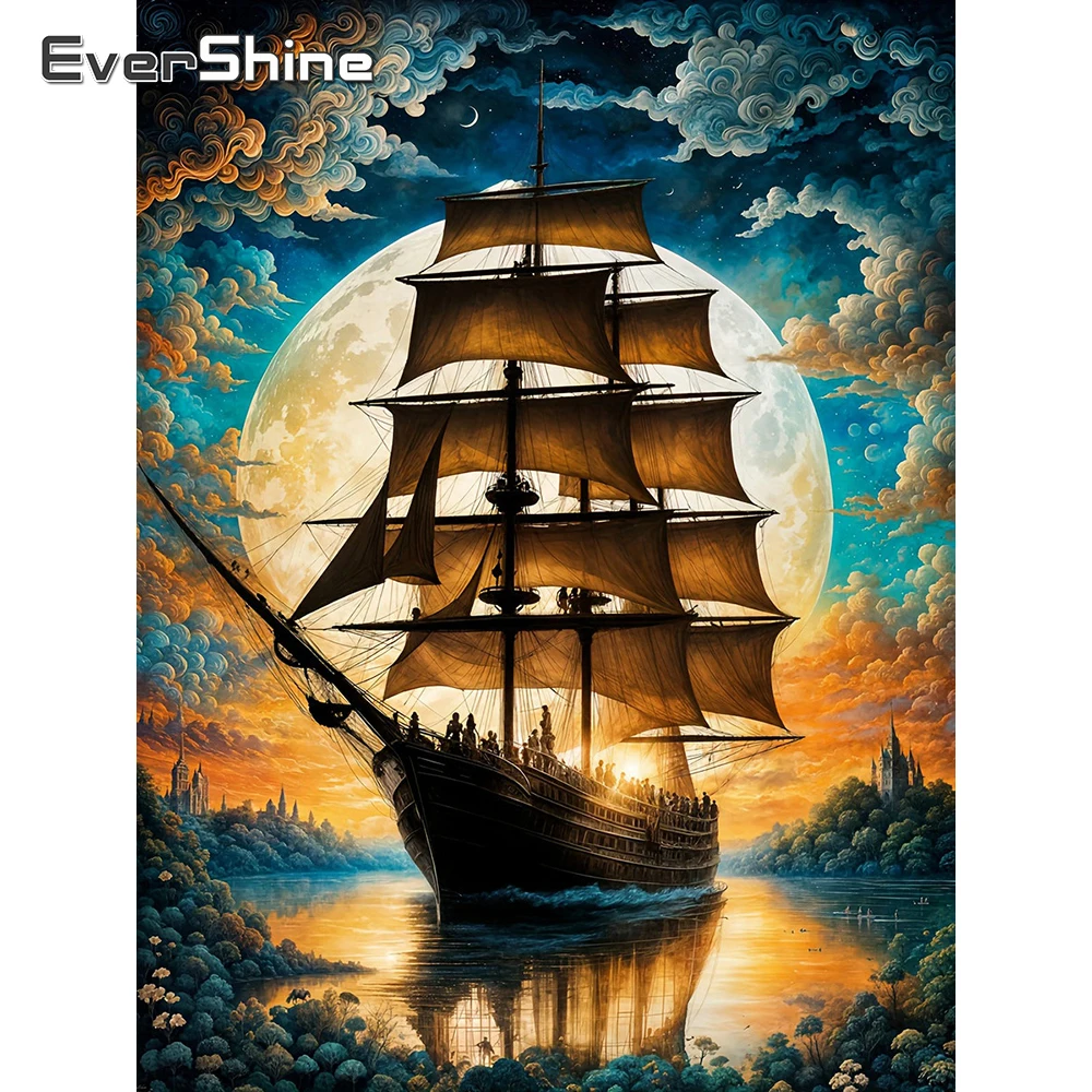 EverShine Diamant-Mosaik Landschaftsbild Strass-Stickerei Boot Vollquadrat-Drill-Malerei Mond Wolke Heimdekoration