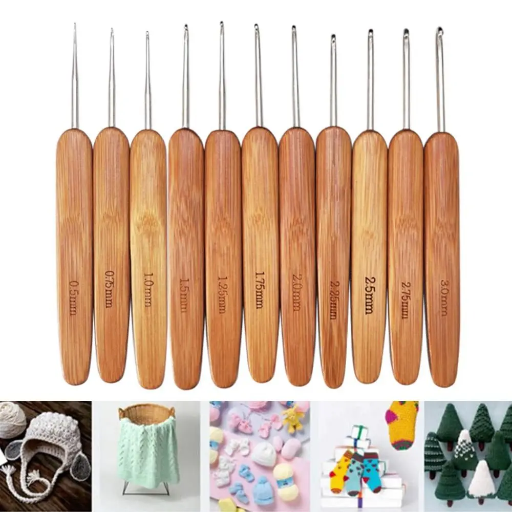 Ganchos de ganchillo de tamaño pequeño, agujas largas de madera de bambú, accesorios de costura DIY