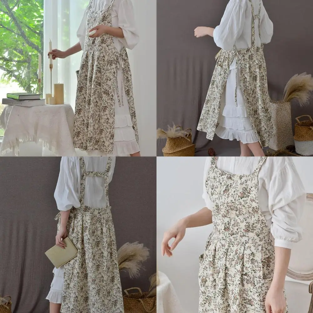 

Хлопковый фартук шеф-повара с цветочным узором и карманами, регулируемый для приготовления пищи и выпечки