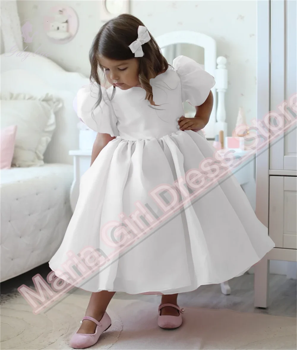 

Cute White Flowers Girl Dresses O-Neck Pleat Wedding Party Dress for Kids Prom Official Events First Communion