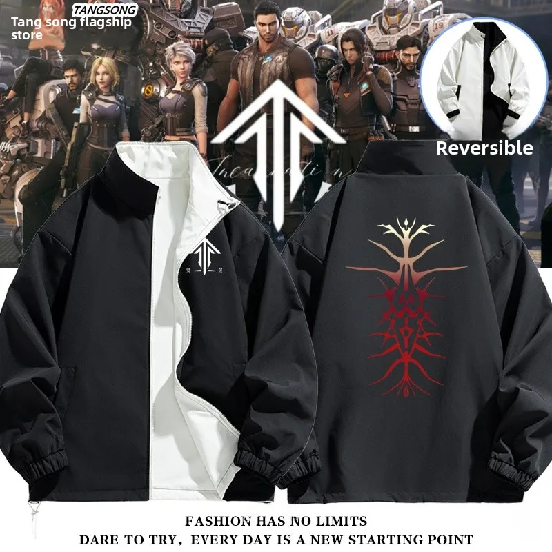 

Двусторонняя куртка унисекс с аниме-принтом, модная универсальная куртка свободного кроя на молнии, ветрозащитная