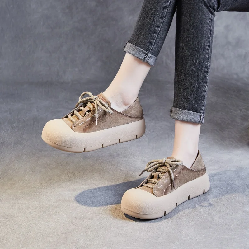 DRKANOL Handmade Retro Women Flat Platform Shoes Spring Lace-Up Round Toe Genuine Leather Chunky Platform Casual Sneakers Women