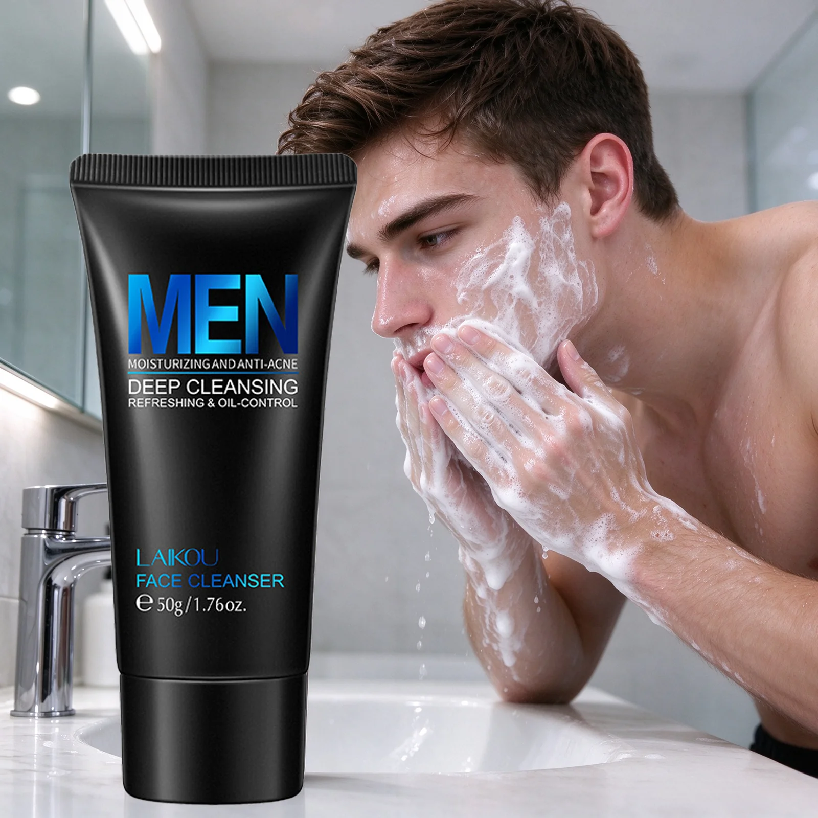 LAIKOU Men Face Cleanser 50g Deep Cleansing Oil Control Anti-Acne Refreshing Moisturizing Facial Wash for Men Daily Skin Care