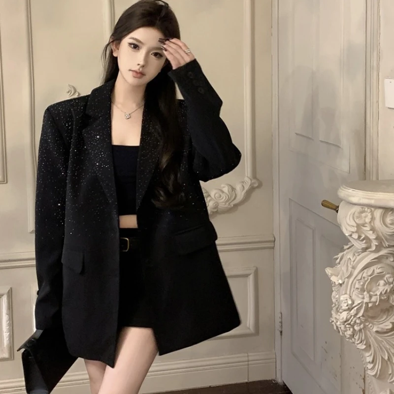 Hot Drilling Black Suit Jacket 2024 New Spring Autumn All-match Loose Outwear Elegant Single-breasted Casual Women Blazers Coat