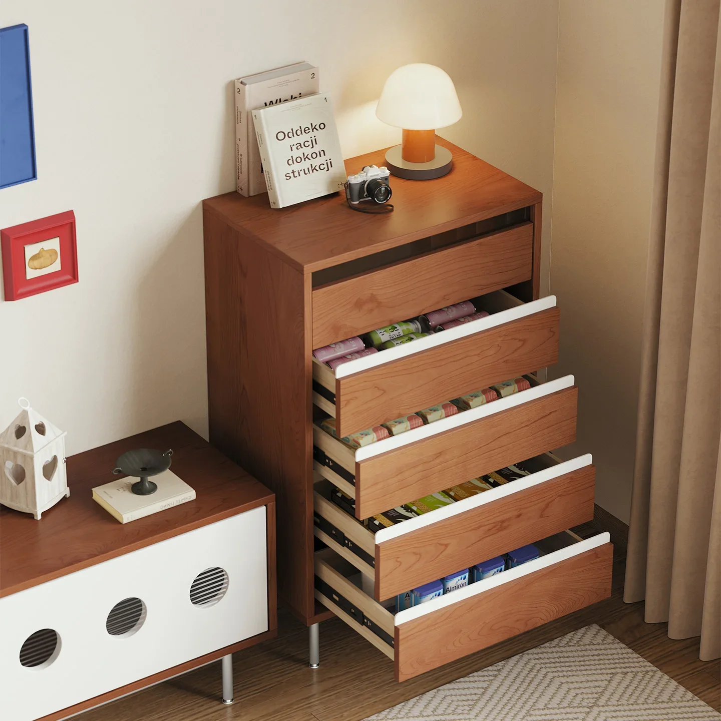 Solid wood antique style living room household sofa side cabinet storage locker drawer cabinet against the wall 4