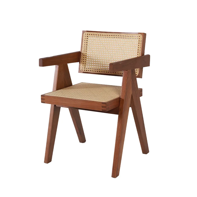 

Wabi Sansan Solid Wood Rattan Dining Chair Backrest with Armrest Black Walnut Home