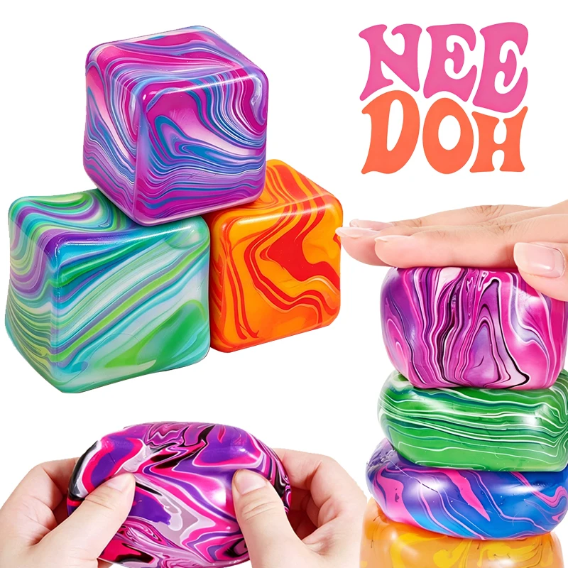 Needoh Nice Cube Marbled Rhyolite Swirl Mixed Color Squish Fidget Toy Non-Toxic Stretchy Stretchable Slow Rising Autism ADHD Toy