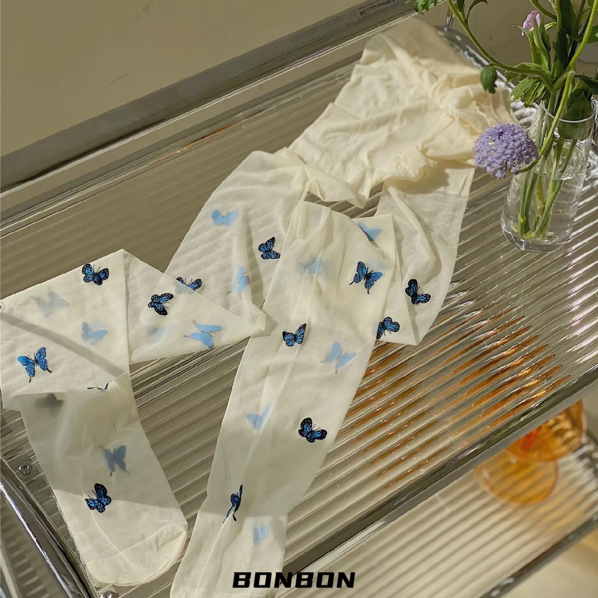 Pantyhose Women's Leg Shaping Breathable Blue Butterfly Embroidered  Anti-Snagging Arbitrary Cut Printed Ultra-Thin SpringSummer