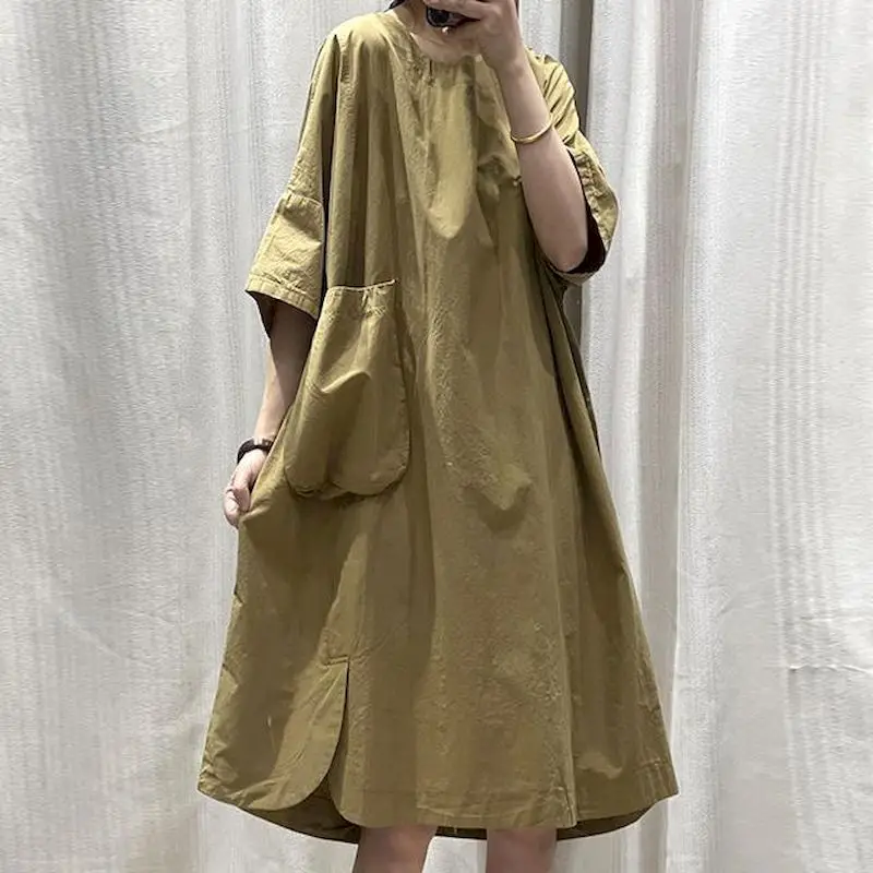 French Vintage Style Dress Women Fashion Design Loose Oversized Dresses Casual Slim A-line Short Sleeve Dress 2024 Summer Trend