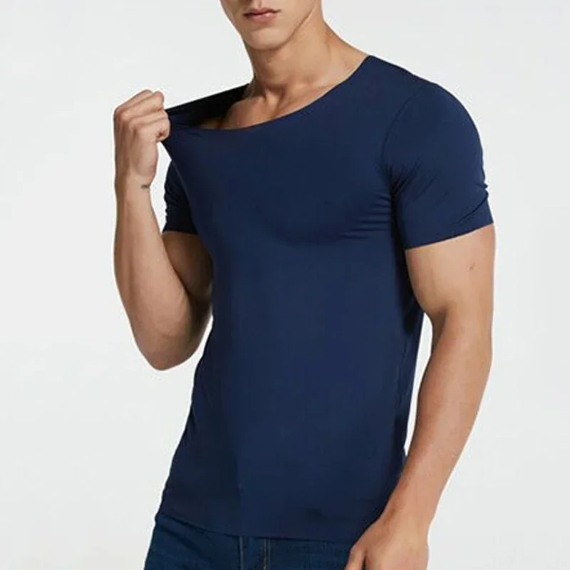 M-5XL Men Summer Ice Silk Shirt Short Sleeves Seamless V Neck Top Solid Color Ultra-thin Cool Sport T-shirt Undershirt Plus Size