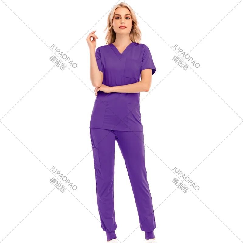 Uniforme de enfermería con cuello en V para mujer, ropa de trabajo de manga corta con bolsillo, sólido, ligero, transpirable, Tops, pantalones, traje de trabajo suave, nuevo