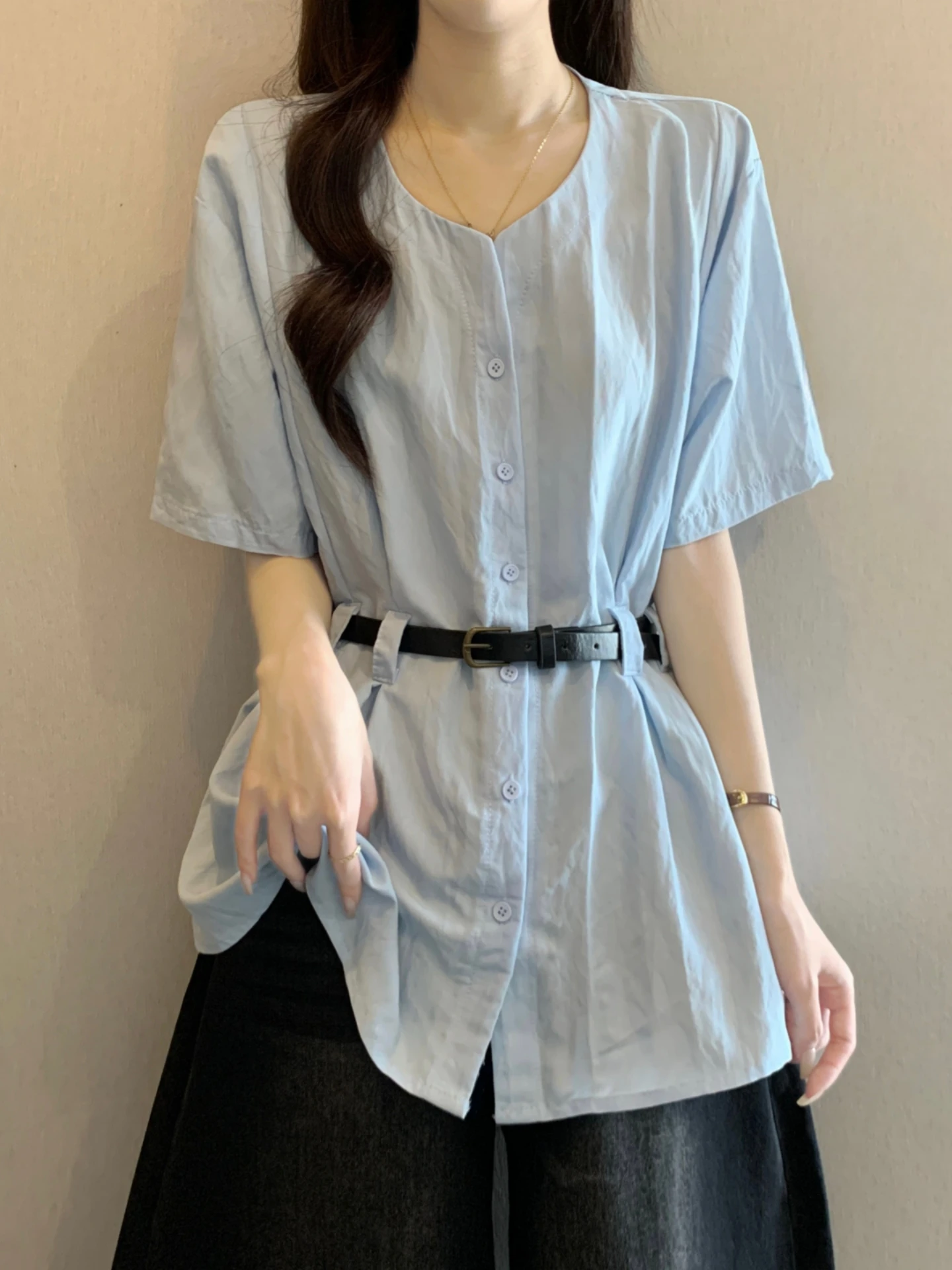 

Blue Short Sleeve Base Shirt Women Summer 2026 plus Size Fat MM Mid-Length Belted Waist Slimming Belly Covering Top