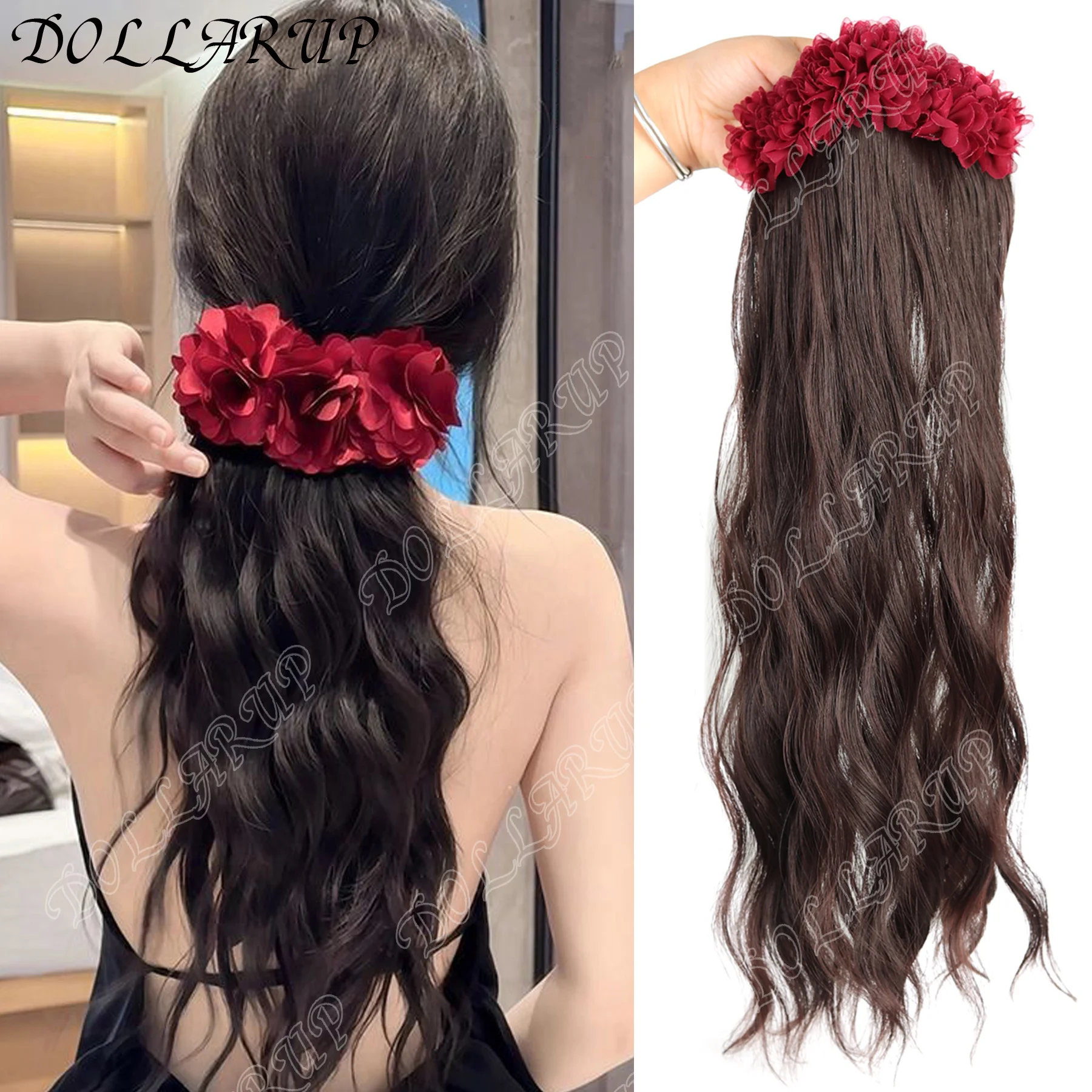 

DOLLARUP Synthetic Long Curly Wig Claw Clip Fluffy Flower Clip in Ponytail Wig Red Black Wig Hair Clip Hair Accessories