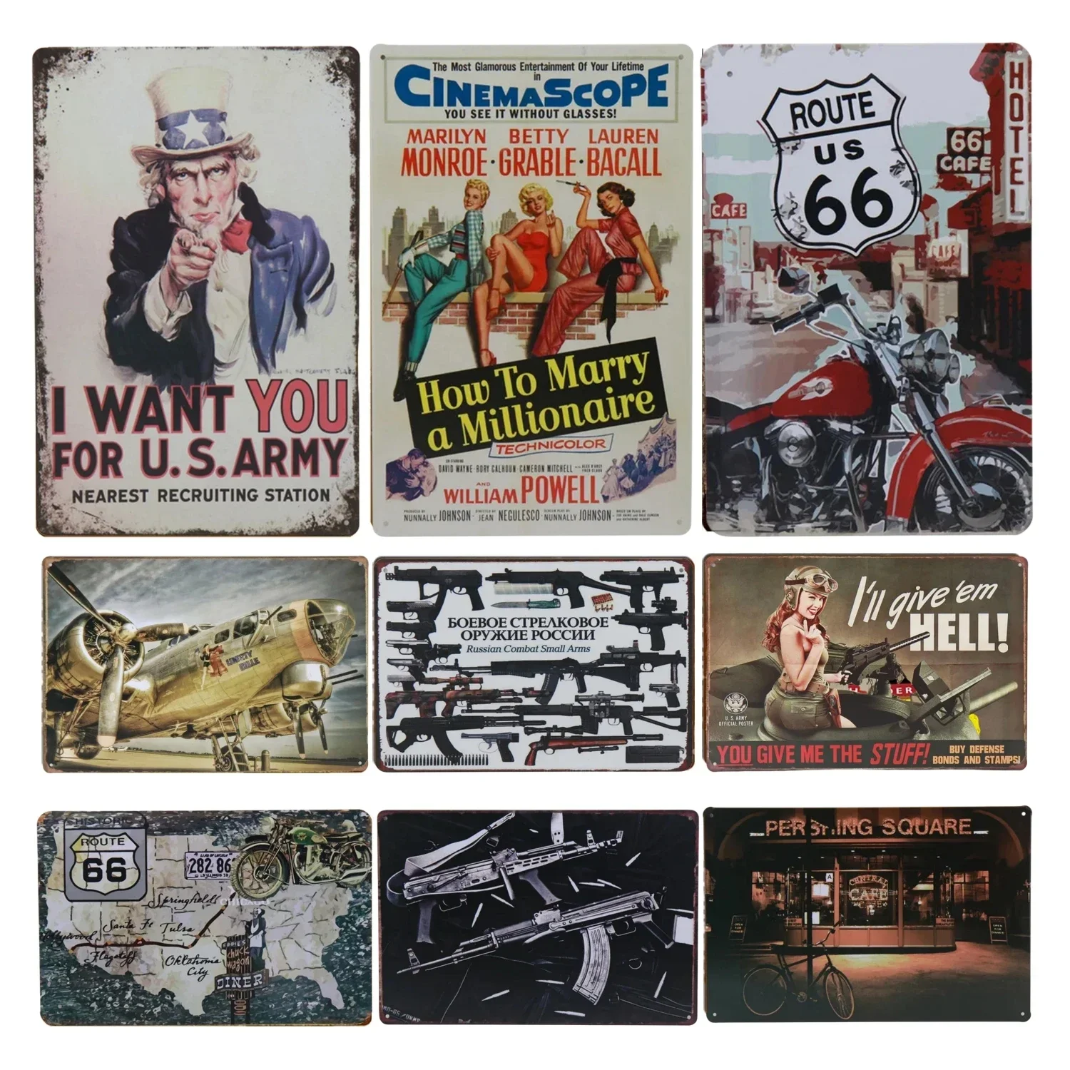 Zio Sam dalla Route degli Stati Uniti 66 Targa in metallo Targa in metallo Poster Targa da parete vintage Bar Club Decorazione da parete Decorazioni per la casa retrò