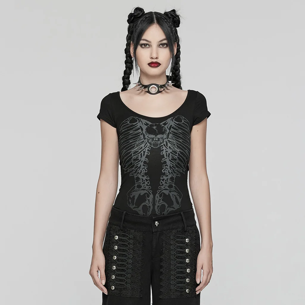 

Футболка Punk Rave Skeleton Rib Cage, черная футболка с вырезом на спине и металлическим кольцом, готический топ с короткими рукавами, футболка T285