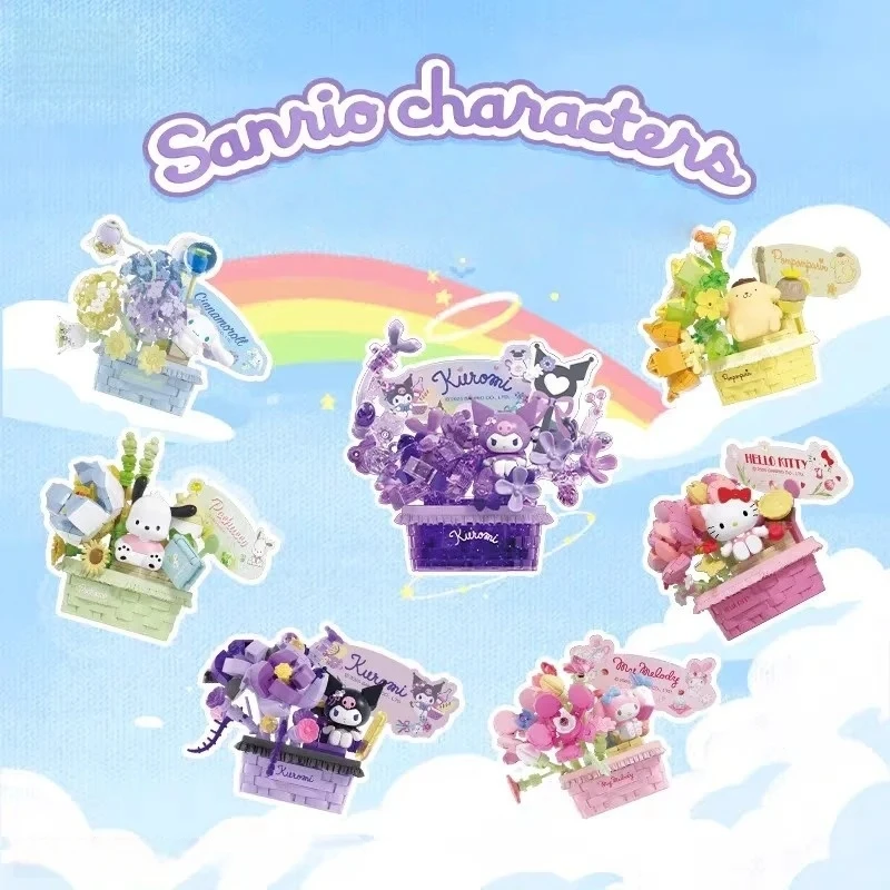 

Sanrio Hello Kitty Building Blocks Cute Flower Basket Model Desktop Ornaments Children's Christmas Gifts Kuromi Assembled Toys