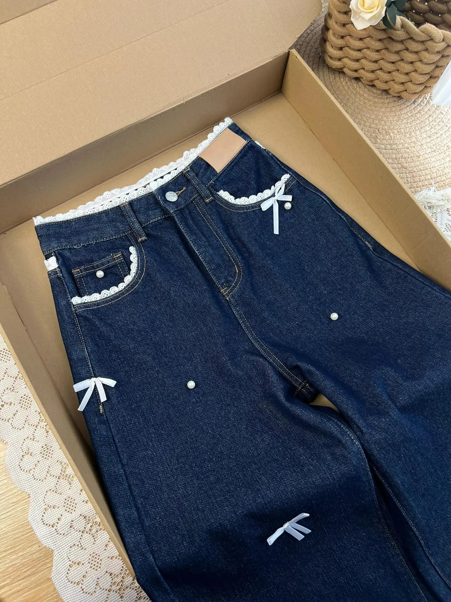 Straight Leg Denim Jeans Decorated With Bow Lace Pearl High Waist Loose Relaxed Fit Fashion Casual Female Daily Wear Trousers