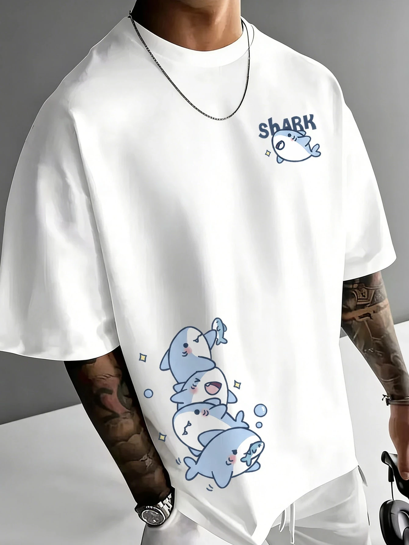 Summer Men's 100% Cotton Fashionable Casual Shark Print Loose Round Neck Short Sleeved T-Shirt