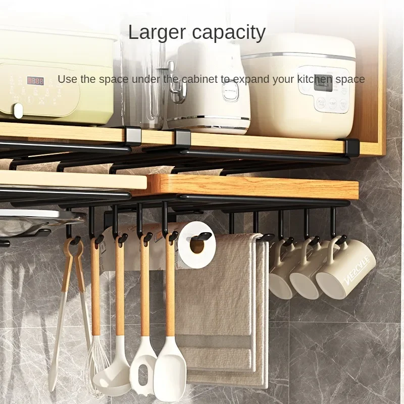 Kitchen Hanging Organizer Rack with Hooks Under Cupboard Paper Towel Rags Hanger Cutting Board Pot Cover Holder Storage Shelf