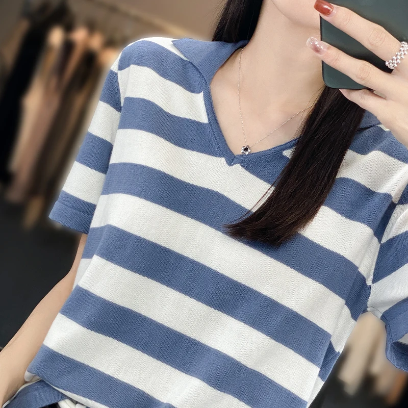 여성 순면 니트 티셔츠, 폴로 넥 반팔, V넥 스트라이프 배색 상의, 한국 패션, 디자인 느낌, 여름 신상