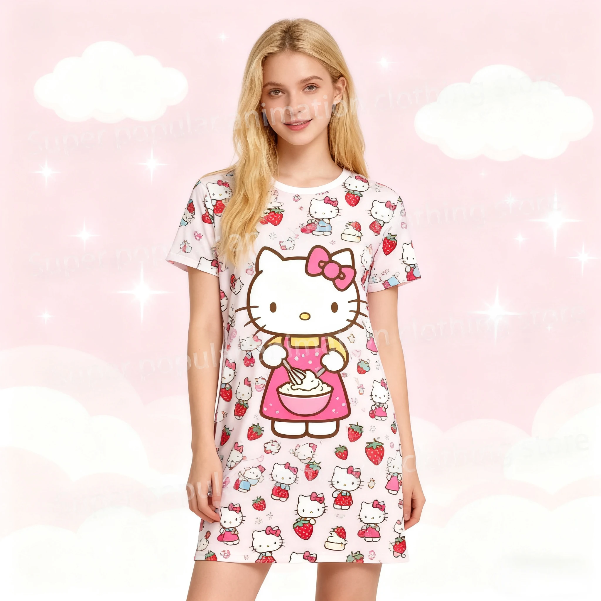 

Платье с принтом HelloKitty, милое платье-футболка с короткими рукавами и круглым вырезом, модная ночная рубашка, базовая повседневная одежда, праздничные подарки