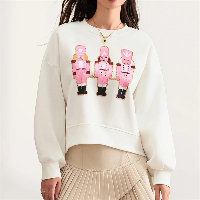 2024 Christmas Nutcracker Sequins Sweatshirt Round Neck Long Sleeve Crop Tops Loose Hoodies Streetwear New Year