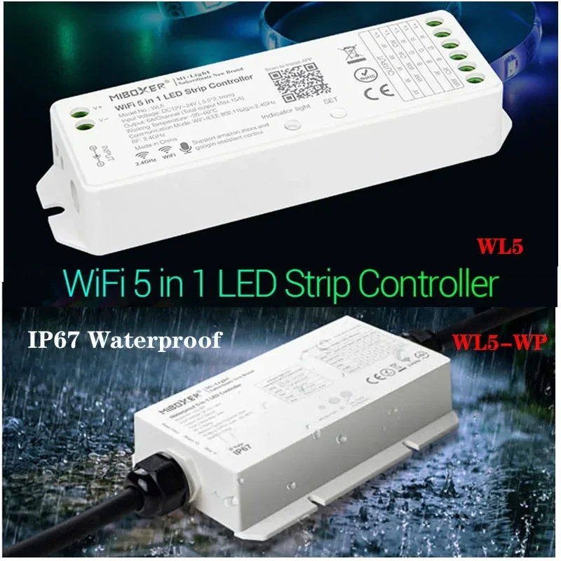 *Miboxer WiFi 5 in 1 Light Controller Waterproof IP67 WL5-WP/Non-waterproof WL5 Led wifi controller DC 12V 24V