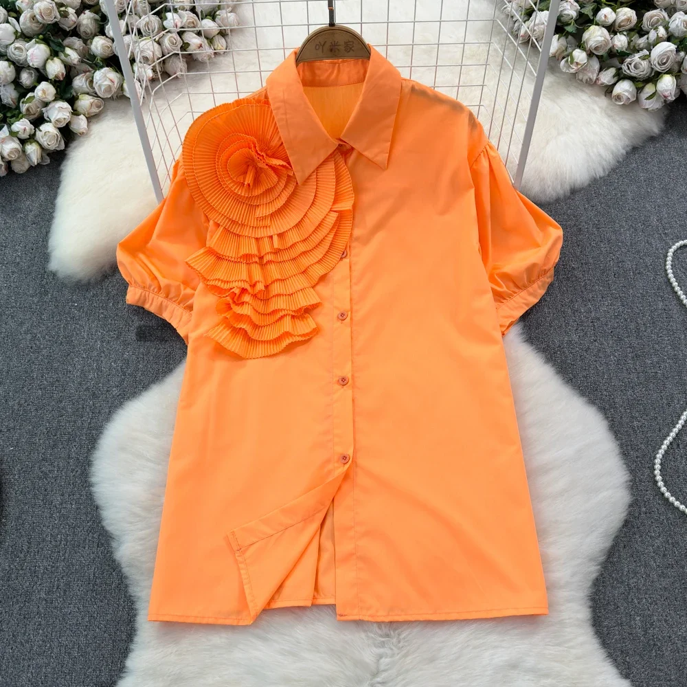 2024 Solid Summer Shirts&blouses 3D Flowers Vintage Korean Fashion Short Sleeve Women Tops Elegant Sweet Party Blusas Mujer