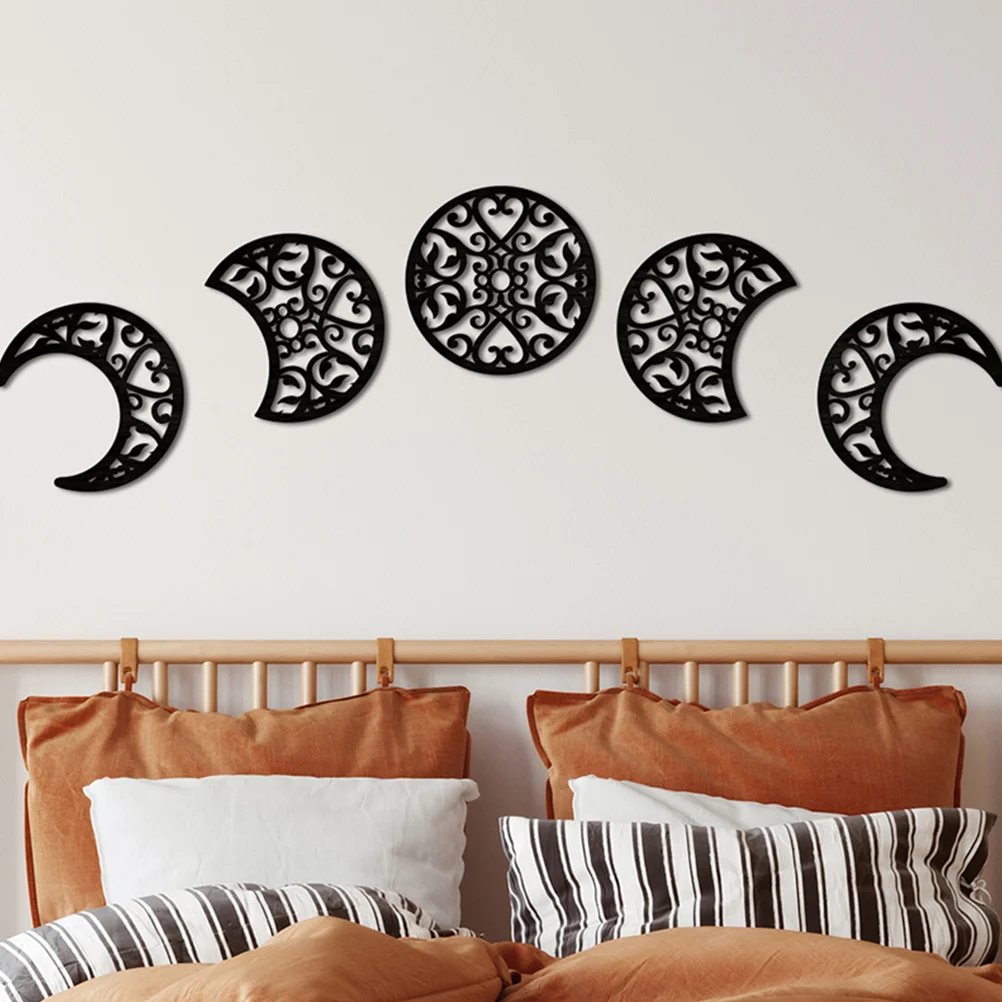 5 Pcs Moon Phase Wood Chip Decoration Wooden Ornament Boho Wall Stickers Nordic Bohemia