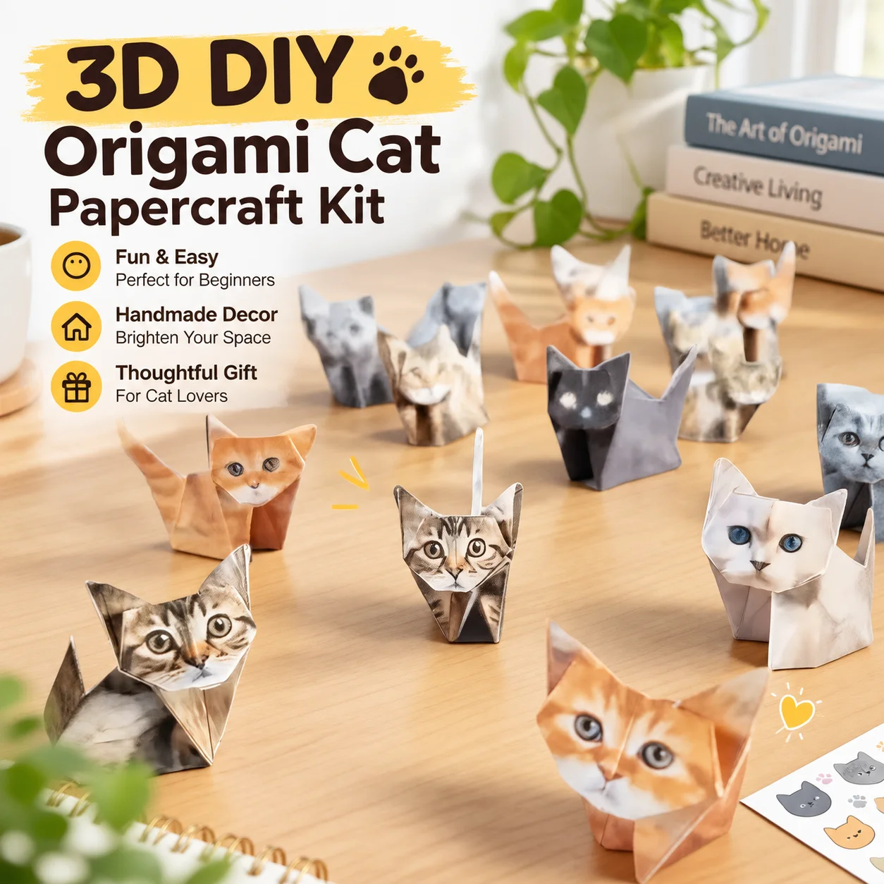 3D DIY Origami Cat Papercraft Kit with Stickers for Beginners, Handmade Home Desk Decor & Gift