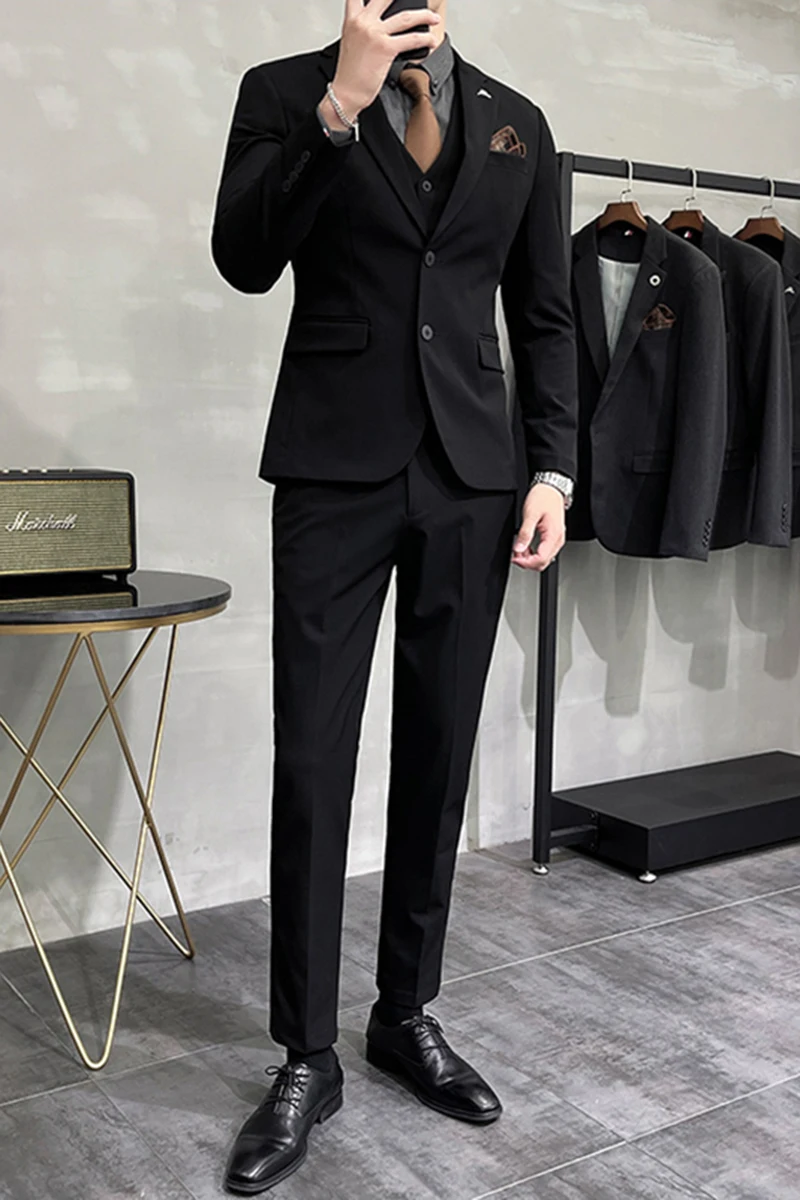 Plus Size S-7XL Man Korean Slim Fit Custom Groom Business Casual Tuxedo Blazers Vest Pant Casual Wedding Social Tuxedo Dress