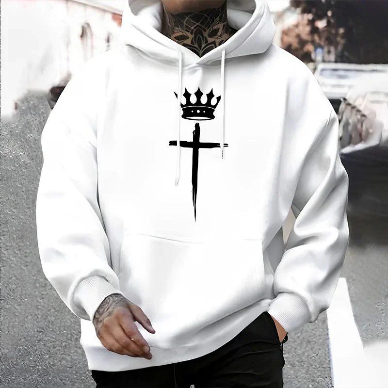 Urban Outwear Mens Hoodies 2025 Streetwear Fashion Cross Crown Printed Hooded Sweatshirt Male Trendy Casual Hoody Pullover