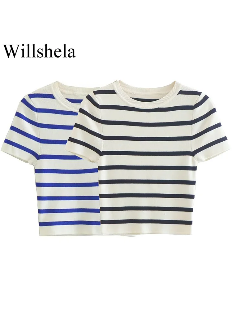 Willshela Women Fashion Striped Knitted Cropped T-Shirt Vintage O-Neck Short Sleeves Female Chic Lady Sweater Shirts