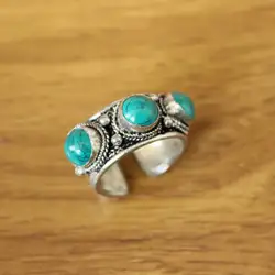 RG358 Tibetan Silver Metal Inlaid Three Turquoises Stone Beads Open Back Adjustable Ring