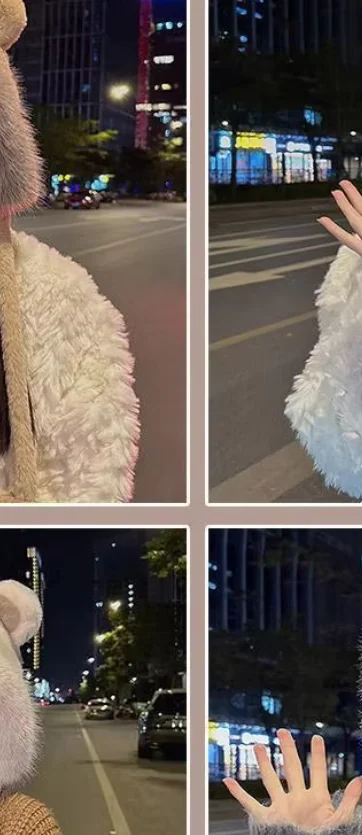 

Зимняя уличная шапка с медведем, двухцветная плюшевая шапка с ушками, пушистая и модная цельная плюшевая шапка, милый шарф, интегрированная теплая плюшевая шапка