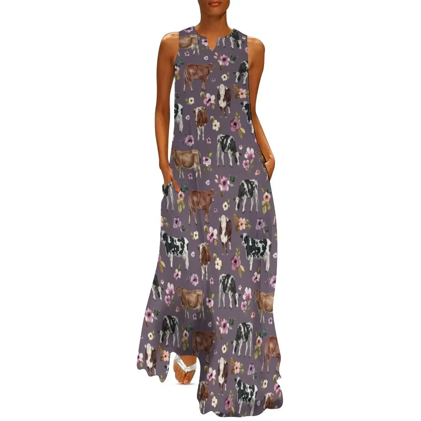 

Cows and Floral on Dark Purple, Farmhouse, Purple Flowers, Cowgirl, Cow Art Long Dress dress korean style dresses for prom Dress