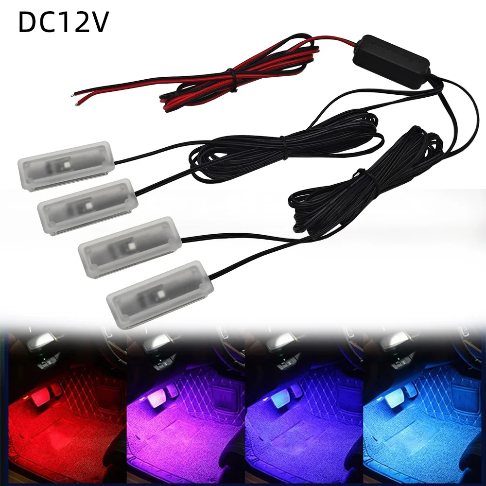 1-4 LED Ambient Light, Car Interior Floor Light, Connected to ACC Power Supply 12V Red White 6000K Blue Yellow Green Pink