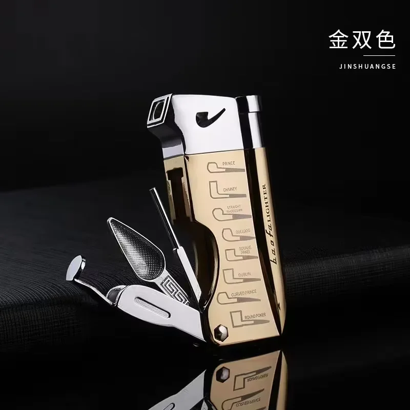 2026 Professional Leather-Wrapped Pipe Lighter with Angled Flame Design, Refillable Windproof Butane Lighter for Tobacco Smokers