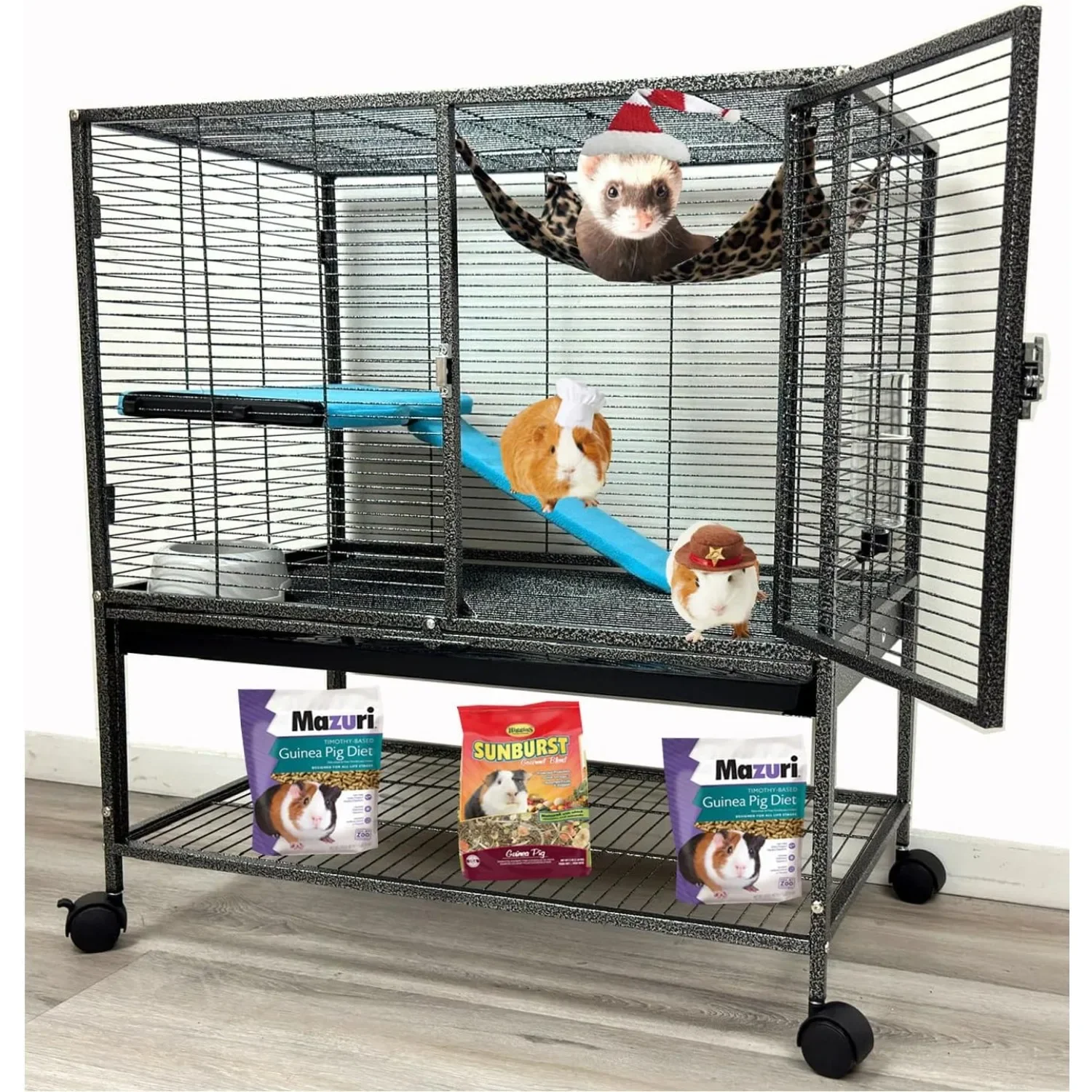 

Two-Tiers Tight 1/2-Inch Bar Spacing Large Front Doors for Feisty Ferret Hamster Gerbil Small Animals Critters Rolling Cage